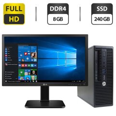 Комплект ПК: HP ProDesk 400 G3 SFF / Intel Core i5-6500 (4 ядра по 3.2 - 3.6 GHz) / 8 GB DDR4 / 240 GB SSD / Intel HD Graphics 530 / DVD-ROM + Монитор LG 24MB37PM-B / 24" (1920x1080) IPS + Клавиатура, мышка, кабели, переходник с DisplayPort на DVI