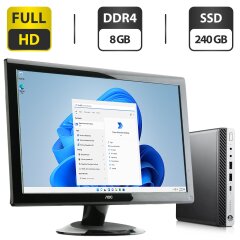 Комплект ПК: HP ProDesk 600 G4 Desktop Mini USFF / Intel Core i3-8100T (4 ядра по 3.1 GHz) / 8 GB DDR4 / 240 GB SSD / Intel UHD Graphics 630 / Wi-Fi + Монитор Б-класс AOC 2236Vwa / 22" (1920x1080) TN / VGA + Клавиатура, мышка, кабели, Windows 11 Pro