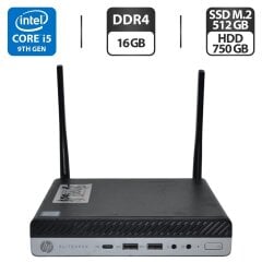 Неттоп HP EliteDesk 800 G5 Desktop Mini USFF / Intel Core i5-9600T (6 ядер по 2.3 - 3.9 GHz) / 16 GB DDR4 / 512 GB SSD M.2 + 750 GB HDD / Intel UHD Graphics 630 / Wi-Fi / Windows 11 Pro / Блок питания