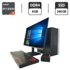 Комплект ПК: компьютер HP EliteDesk 705 G4 Tower / AMD Ryzen 5 Pro 2400G (4 (8) ядра по 3.6 - 3.9 GHz) / 8 GB DDR4 / 240 GB SSD / AMD Radeon RX Vega 11 Graphics + Новый монитор AOC 24B31H / 24" (1920x1080) IPS / Кабели