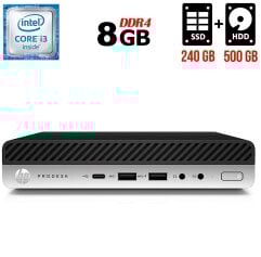 Неттоп HP ProDesk 600 G3 Mini USFF / Intel Core i3-6100T (2 (4) ядра по 3.2 GHz) / 8 GB DDR4 / 240 GB SSD + 500 GB HDD / Intel HD Graphics 530 / DisplayPort + Блок питания