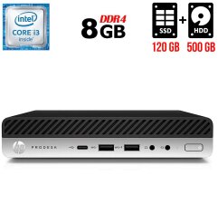 Неттоп HP ProDesk 600 G3 Mini USFF / Intel Core i3-6100T (2 (4) ядра по 3.2 GHz) / 8 GB DDR4 / 120 GB SSD + 500 GB HDD / Intel HD Graphics 530 / DisplayPort + Блок питания